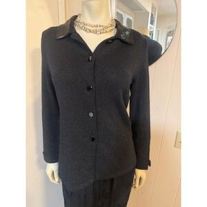 Doncaster Luxury Sparkly Tight Knit Beaded Collar Black Wool Blend Cardigan 8